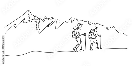 Continuous line drawing of two hikers with backpacks walking in a mountain landscape Vector, illustration