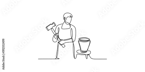 Minimalist one line art of a craftsman holding a hammer and standing beside a ceramic vase. Vector, illustration