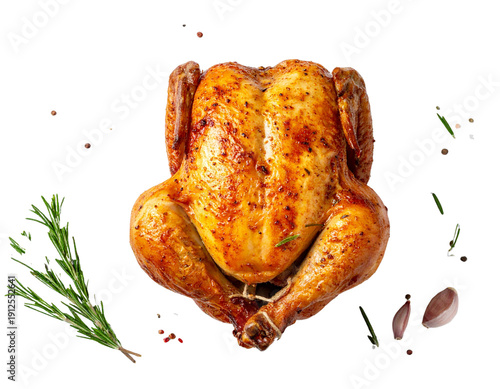 Overhead View of Baked Chicken with Rustic Herbs and Garlic, Flat Lay Composition, Isolated on Transparent Background