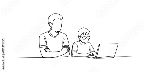Continuous line drawing of a father watching his son using a laptop computer at a desk Vector, illustration