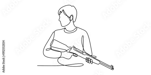 Continuous line drawing of a person holding a rifle while looking away in a minimalist style. Vector, illustration