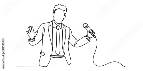 Continuous line drawing of a professional man in a suit holding a microphone and gesturing. Vector, illustration