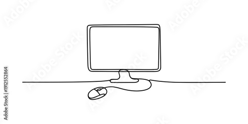 Continuous line drawing of a computer monitor and mouse on a white background. Vector, illustration