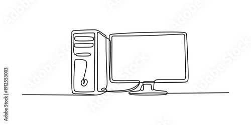 A simple black and white line drawing of a desktop computer with a monitor and tower. Vector, illustration