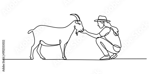 Continuous line drawing of a woman in a hat squatting and feeding a horned goat on a farm. Vector, illustration