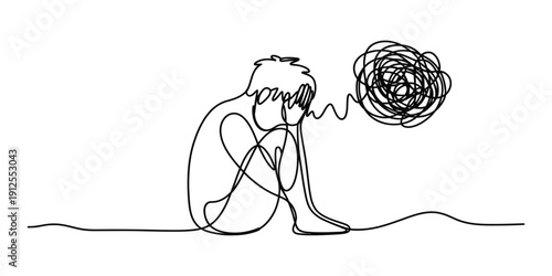 Continuous line drawing of a person sitting in despair with a tangled ball of anxious thoughts. Vector, illustration