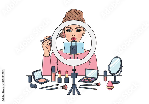 Woman Applying Makeup with Ring Light.