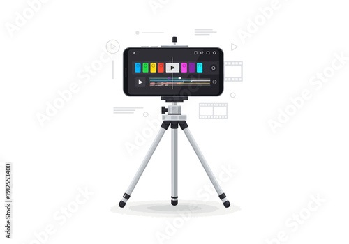 Smartphone on tripod with colorful display.