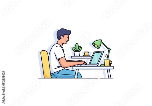 Man Working on Laptop at Desk.
