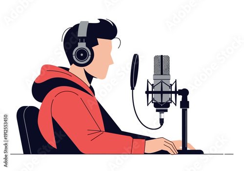 Man Recording Voice with Microphone and Headphones.
