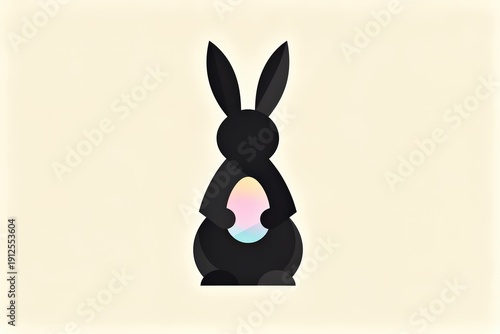 Silhouette of a bunny holding a colorful easter egg on pastel background