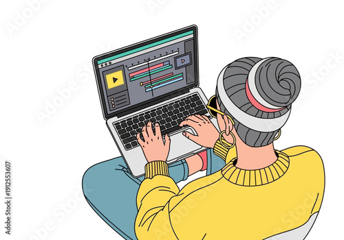 Woman Working on Laptop Computer Music Production.