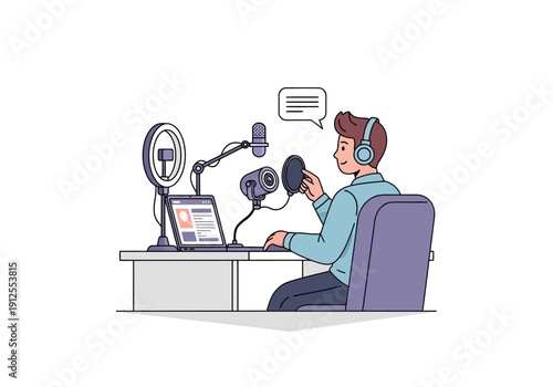 Man Recording Podcast in Studio Setup.