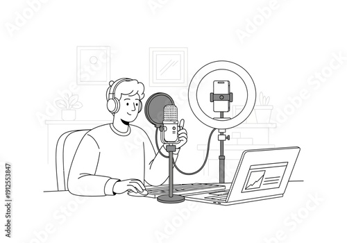 Man Recording Podcast with Microphone and Headphones.