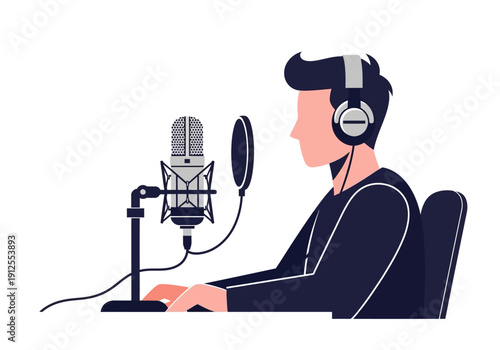 Man Wearing Headphones Recording Audio.