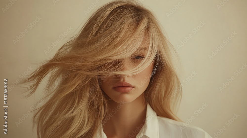 Naklejka premium Woman with long blonde hair blowing in the wind.
