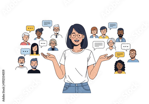 Woman Surrounded by People and Speech Bubbles.