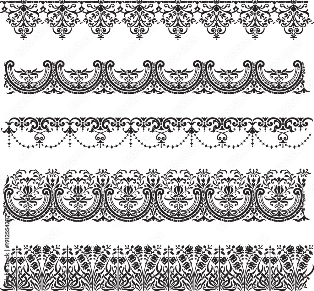 Fototapeta premium Elegant black lace border set with floral decorative patterns vector