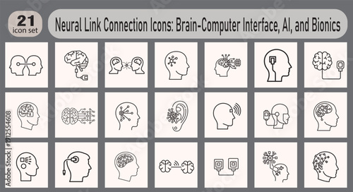 Neural Link Connection Icons: Brain-Computer Interface, AI, and Bionics