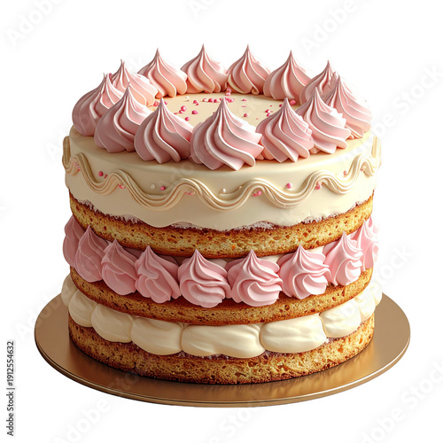 Multi-layered cake with pink frosting, sweet dessert, birthday celebration, vanilla cream filling, festive treat, party food