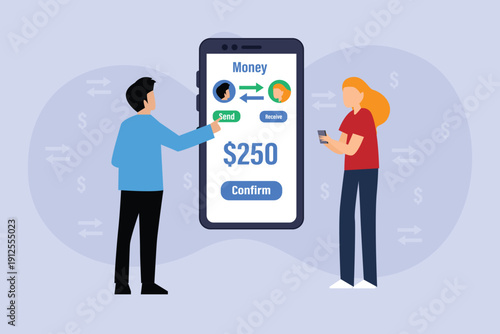 Mobile Money Transfer and P2P Payment Concept | Man and Woman Using Banking App on Smartphone 2d flat vector illustration