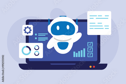 AI Chatbot Assistant for Data Analytics on Laptop | Artificial Intelligence and Business Automation 2d flat vector illustration