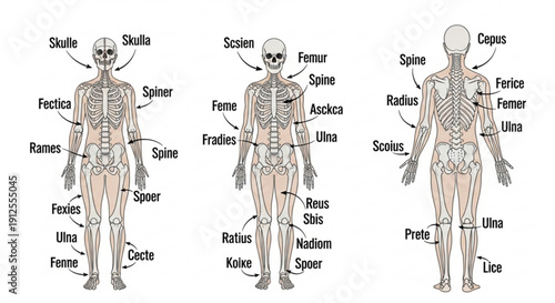 A detailed vector graphic illustration of the human skeleton with labeled bones