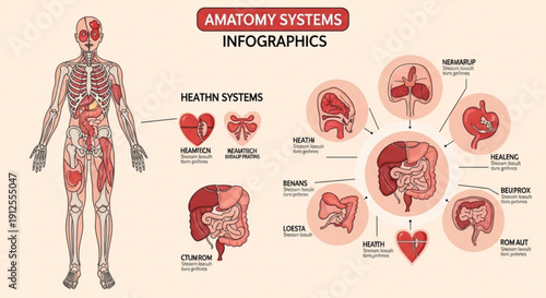 A detailed infographic illustration of the human anatomy systems, showcasing various organs and their functions in a clear and educational vector graphic design.