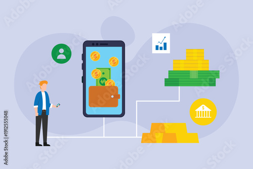 Man Managing Digital Wealth and Gold Investment Portfolio | Mobile Banking and Fintech Asset 2d flat vector illustration