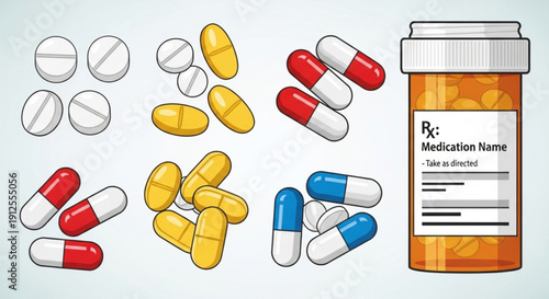 A vector graphic illustration of various pills and a medication bottle