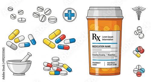 A vector graphic illustration of a prescription bottle and various pills and capsules with a mortar and pestle