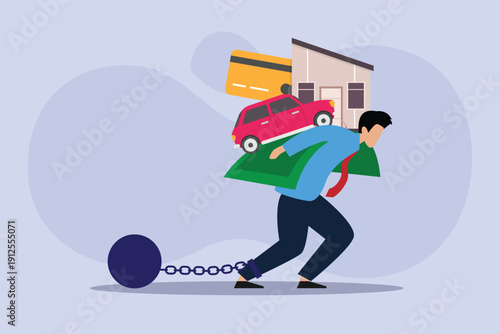 Man Struggling Under the Weight of Debt, Financial Burden, and Credit Obligations 2d flat vector illustration
