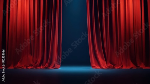 Red curtain opening to a stage, perfect for performance promotions, social media posts, artistic compositions, and decorative purposes. The dramatic scene creates an engaging and classic atmosphere.