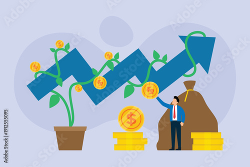 Businessman Harvesting Profits from Money Tree with Upward Success Arrow and Wealth Growth 2d flat vector illustration