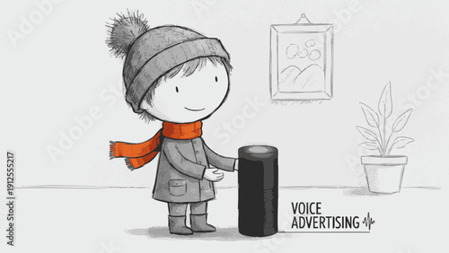 A child interacting with a smart speaker, illustrating voice advertising 