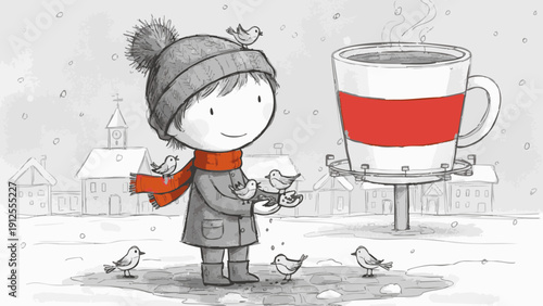A child interacting with small birds, near a large mug. The scene evokes a feeling of warmth, comfort, and kindness in a cold winter day.
