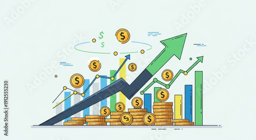 A colorful vector graphic illustration of a growing business chart with coins and arrows