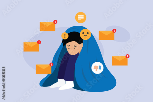 Sad Person Hiding Under Blanket from Social Media Notifications and Online Cyberbullying 2d flat vector illustration
