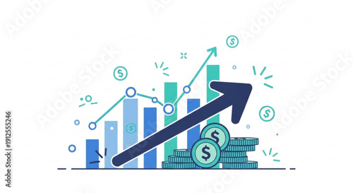 A vector graphic illustration of a growing financial chart with a rising arrow and stacks of coins