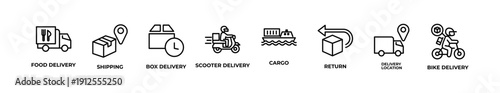 Logistics and delivery banner web icon vector outline style featuring food delivery, shipping, box delivery, scooter courier, cargo transport, return package, delivery location, and bike delivery. Mod