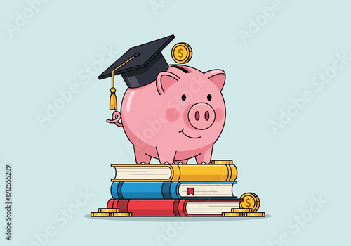 Piggy Bank with Graduation Cap on Stack of Books and Coins Illustration