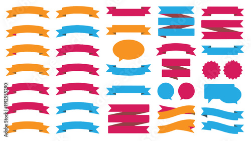Vibrant collection of flat design ribbon banners, speech bubbles, and promotional labels for graphic projects