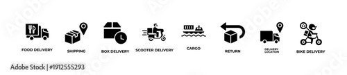 Logistics and delivery banner web icon vector outline style featuring food delivery, shipping, box delivery, scooter courier, cargo transport, return package, delivery location, and bike delivery. Mod