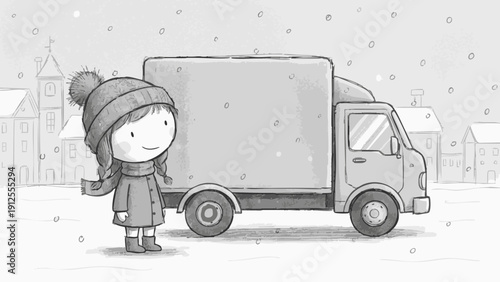 A little girl standing next to a delivery truck in a snowy landscape 