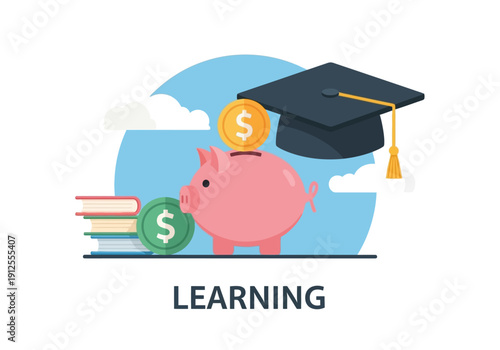 Piggy Bank with Graduation Cap and Money, Representing Education Savings