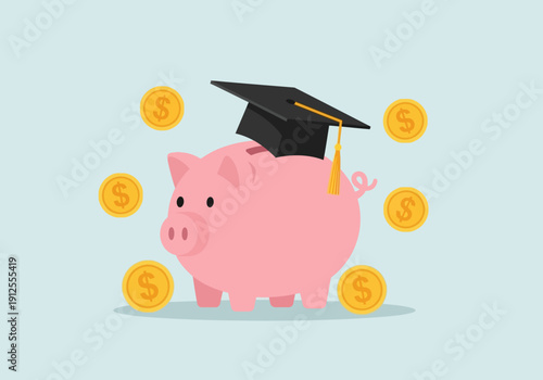 Pink Piggy Bank with Graduation Cap and Gold Coins Illustration