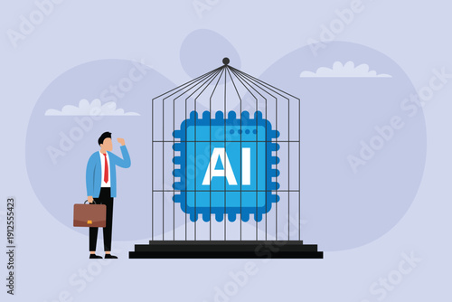 Artificial Intelligence Safety and AI Regulation Concept Illustration with Businessman Looking at AI Chip inside a Birdcage 2d flat vector illustration