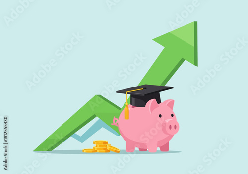 Piggy Bank with Graduation Cap and Rising Arrow Graph