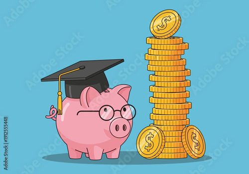 Cartoon Piggy Bank with Graduation Cap and Stack of Coins