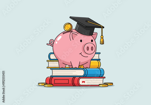Piggy Bank with Graduation Cap on Stack of Books
